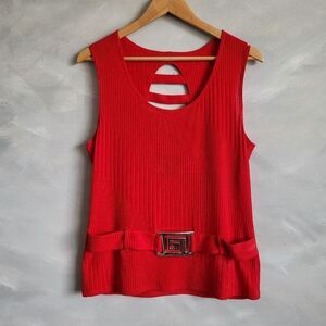 Red Sleeveless Sweater Knit Belted Big Silver Buckle Embellishment Y2k Top Sz 12